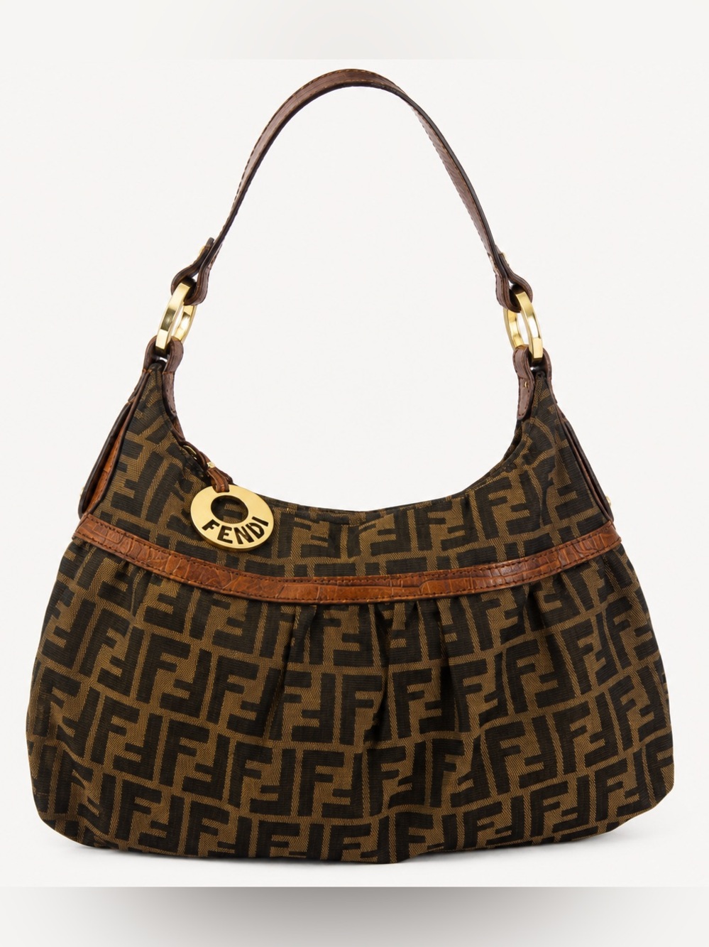 Authentic Fendi Zucca FF Canvas Hobo Shoulder Bag w Gold Charm